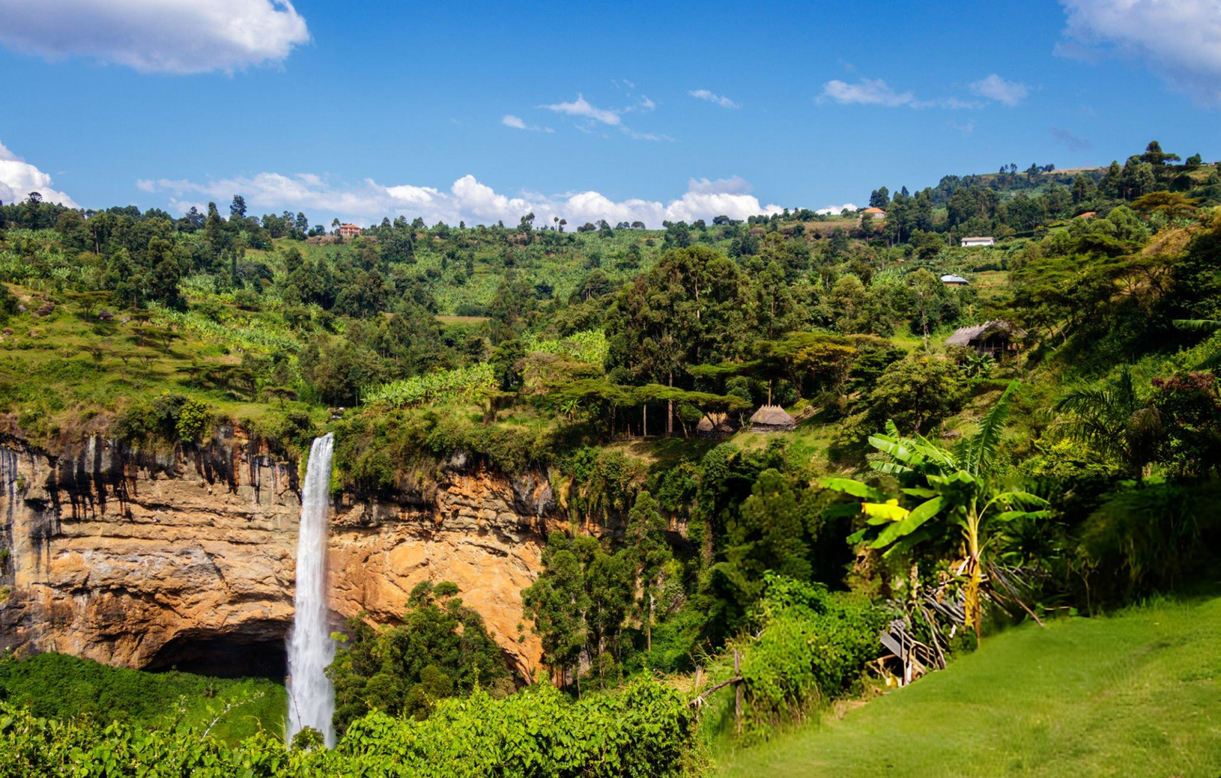 Tall waterfall framed by lush tropical greenery.